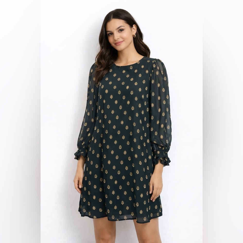 Calvin Klein Size 8 Dark Green Patterned Long Sleeve Dress